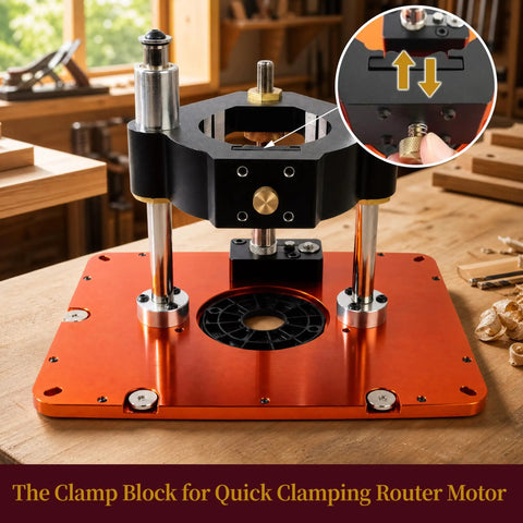 Heavy Duty Router Table Lift System For 4 2 Inch Router Motors With Solid Aluminum Base Plate showing clamp block and adjustment.