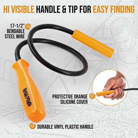24 Inch Flexible Magnetic Grabber Tool With Bendable Retractable Arm showing orange handle and visible tip for easy finding