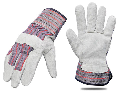 Cowhide Leather Work Gloves With Suede Finish Palm And Rubberized Safety Cuff, Breathable Cotton Back For All Day Comfort, Flexible Fit