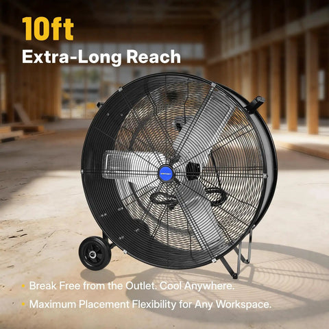 Beast Mode High Velocity 42 Inch Drum Fan Featuring 30,000 CFM High Speed And 21,000 CFM Low, 1/2 HP Motor On wood floor