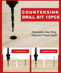 EZARC 15-piece countersink drill bit set with 2 wood plug cutters, 1/4-inch hex shank, storage box