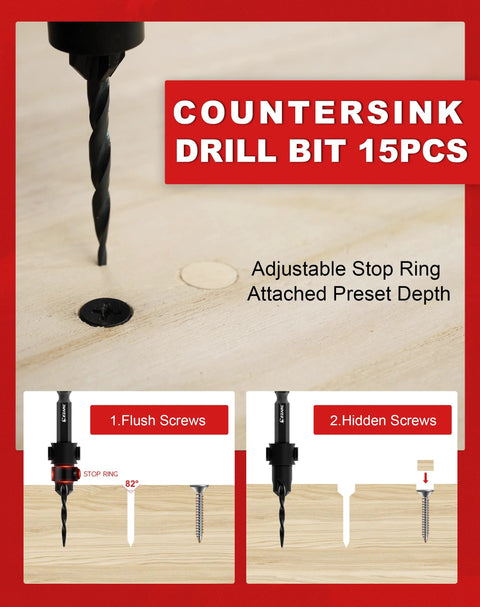 EZARC 15-piece countersink drill bit set with 2 wood plug cutters, 1/4-inch hex shank, storage box