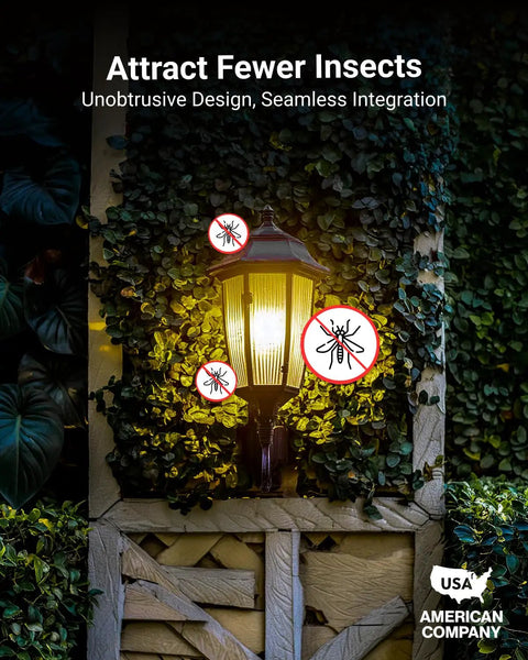Six Pack Yellow LED Bug Light Bulbs Outdoor A19 Dusk To Dawn With Auto On Off Photocell Sensor 9W glowing on porch