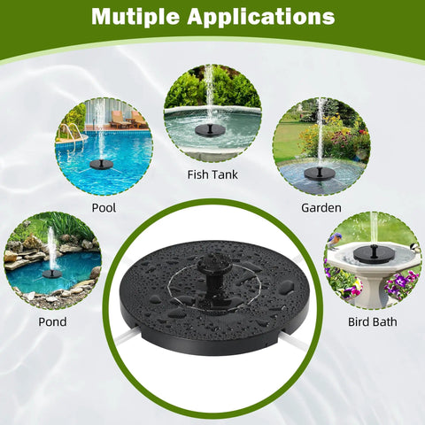 Sun Powered Bird Bath Water Fountain Pump Kit With 6 Nozzles displayed in pool, fish tank, garden, pond, and bird bath.