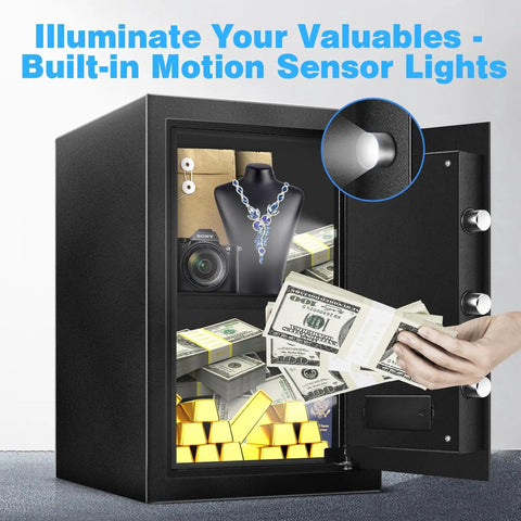 2.5 Cu Ft Home Safe Box, Heavy Duty Steel Digital Lock Security Safe With LED Light showcasing valuables inside open door