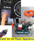 Heavy Duty Outdoor Indoor Extension Cord Fifty Foot 10 Gauge Three Conductor With Lighted Ends Grounded Plugs 125 Volt 15 Amp SJTW UL Listed Outdoor Rated Power Cable Workhorse Built To Last connected to air compressor and close-up of plug