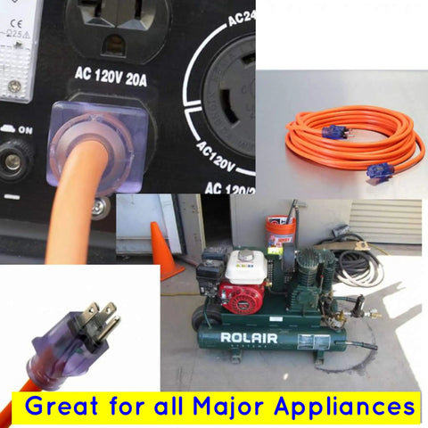 Beefed-Up 100 Ft 10 Gauge Extension Cord For Indoor Outdoor Use With Lighted Ends, connected to power equipment