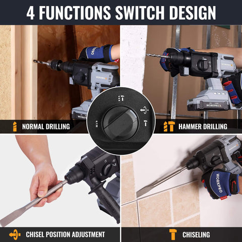 Cordless 20V Rotary Hammer Drill with SDS Plus Chuck, 7/8 Inch Capacity, 2.0J Concrete Hammer showing four function settings
