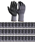 Image of 36 pairs of MicroFoam Nitrile Coated Work Gloves With Seamless Knit Nylon Ultra Grip And Dexterity Breathable 3D Snug Fit 36 Pairs Size 9L Great For Home Improvement And Light Oil Handling, featuring a display of full gloves with palm up and down views showing the black nitrile coating.