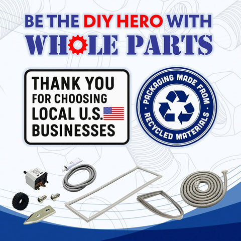 Image of DIY parts, local business support sign, recycled packaging, various small appliance parts, and wiring components.