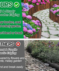 Comparison of wooden and plastic garden edging. Top shows tall, sturdy Wooden Garden Edging Border Kit No Fuss Pine Flexible Landscape Border 13.1ft By 11.8in Weatherproof Outdoor Fence For Yard Lawn Flower Beds And Patio Decor Easy DIY Install And Springtime Yard Makeover, bottom shows short, fragile plastic edging.