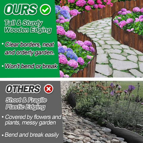Comparison of wooden and plastic garden edging. Top shows tall, sturdy Wooden Garden Edging Border Kit No Fuss Pine Flexible Landscape Border 13.1ft By 11.8in Weatherproof Outdoor Fence For Yard Lawn Flower Beds And Patio Decor Easy DIY Install And Springtime Yard Makeover, bottom shows short, fragile plastic edging.