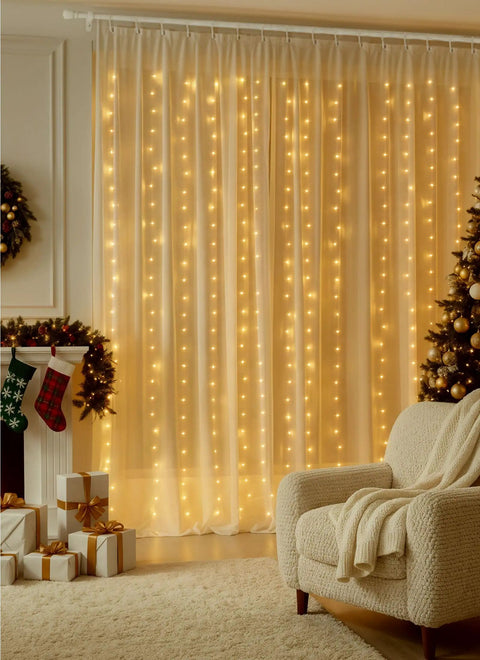Warm White 300 LED Curtain Lights With 10 Strands, 9.8Ft By 9.8Ft Fairy String Lights For Bedroom And Window Wall Decor showcased indoors