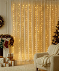 Cozy living room with 600 LED Curtain String Lights With Remote, 20 Ft Hanging Fairy Lights For Bedroom Backdrop, Warm White Glow