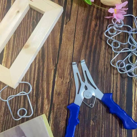 14 Piece Miter Spring Clamp Kit For Woodworking With Miter Pliers And 12 Clamps Plus Storage Ring on a wooden surface