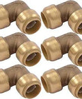 Six-pack of 3/4 inch push to connect 90 degree brass elbow fittings for PEX copper CPVC plumbing, durable leak-free design.