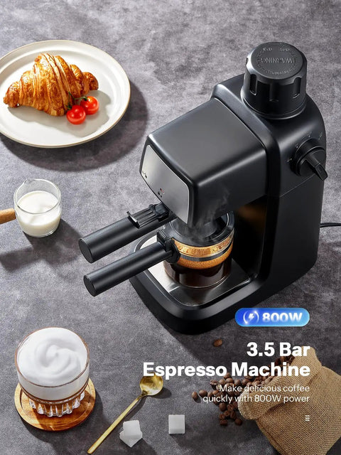 Compact 3.5 Bar Espresso Machine With 800W Power, Steam Wand next to coffee and pastries