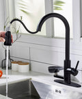 COXOVAY Pull Down Kitchen Faucet with Glass Rinser Single Handle Kitchen Sink Faucet with Pull Out Sprayer, Glass Rinser Faucet for Kitchen Sink 1 Hole or 3 Hole, Black, water flowing from pull-down sprayer.