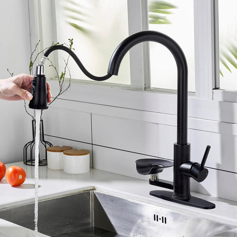 COXOVAY Pull Down Kitchen Faucet with Glass Rinser Single Handle Kitchen Sink Faucet with Pull Out Sprayer, Glass Rinser Faucet for Kitchen Sink 1 Hole or 3 Hole, Black, water flowing from pull-down sprayer.