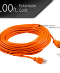 Rugged Outdoor Extension Cord 100 Ft, 16 AWG 125V, UL Listed 3-Prong Power Cable, coiled with orange weatherproof jacket and plugs visible