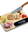Bamboo Cutting Board With Built In Digital Scale For Quick Meal Prep And Precise Weighing In Grams And Ounces 33 Lb Capacity with knife and food.