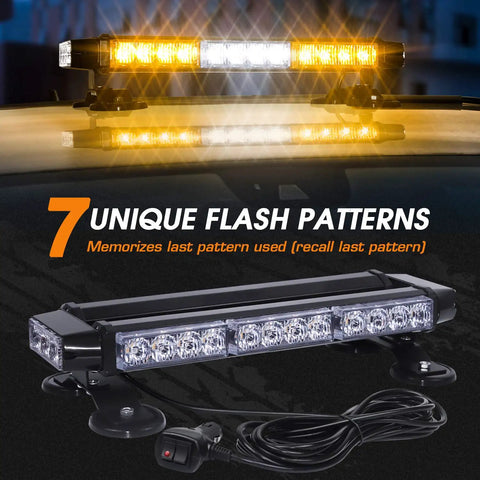Double Sided 30 LED Strobe Light Bar With Ultra Bright Amber And White Emergency Beacon on car roof with wiring shown