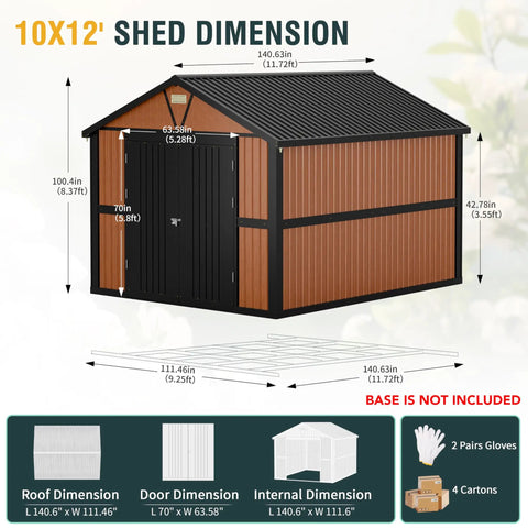 Extra Large 10x12 Outdoor Storage Shed With Lockable Doors, Metal Construction, Two Windows dimensions diagram