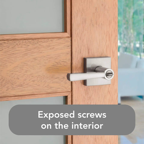 Spyglass Interior Privacy Door Handle Lever for Bedroom and Bathroom with Keyless Lock and Microban, satin nickel finish on wood door