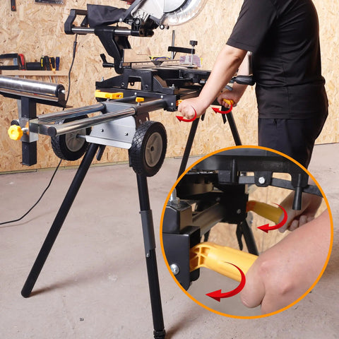 Lightweight Universal Miter Saw Stand With 330 Lb Capacity, A Real Workhorse, Easy Fold, Quick Release Mounting Brackets shown