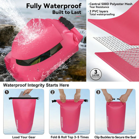Floating Waterproof Dry Bag Backpack 10L Pink For Kayaking Rafting Boating And Outdoor Adventures shown with waterproof features
