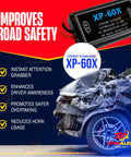 Image of XP-60X Brake Flasher with crash scene and safety benefits highlighted, including attention grabbing, enhanced awareness, and overtaking.