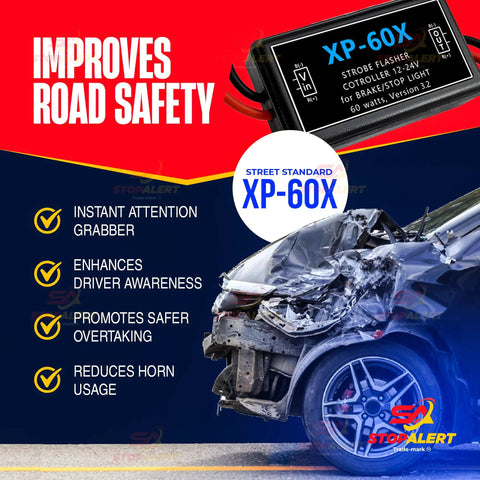 Image of XP-60X Brake Flasher with crash scene and safety benefits highlighted, including attention grabbing, enhanced awareness, and overtaking.