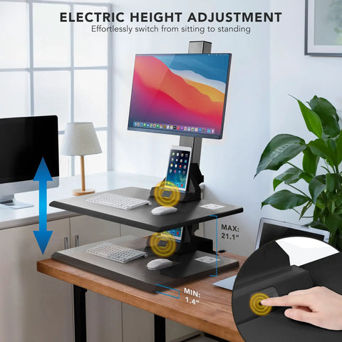 Heavy Duty Electric Standing Desk Converter With Monitor Mount And Wide Keyboard Tray, showing electric height adjustment feature.