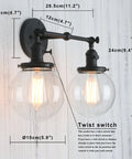 Vintage Industrial Double Wall Sconce In Black With Dual 5.9 Inch Clear Glass Globe Shades, dimensions shown, twist switch detail.