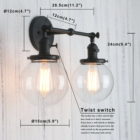 Vintage Industrial Double Wall Sconce In Black With Dual 5.9 Inch Clear Glass Globe Shades, dimensions shown, twist switch detail.