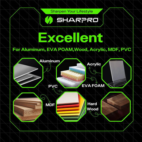 SHARPRO router bit banner showing aluminum, PVC, EVA foam, acrylic, MDF, hard wood icons with SHARPRO logo