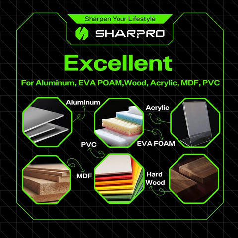 Materials for Beefy Upcut Spiral Router Bit: aluminum, acrylic, PVC, EVA foam, MDF, hardwood