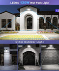 Front view of 120W LED Wall Pack Lights with 15600 Lumens illuminating exterior building at night; security lighting focus.
