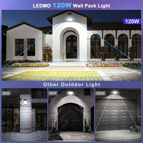 Powerful 4 Pack 120W LED Wall Pack Lights Outdoor Waterproof Wall Mount Security Lighting illuminating a building exterior