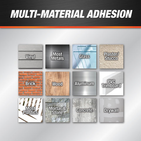 Materials list for Dynaflex 230 Pro Elastomeric Sealant 10.1 oz including vinyl, glass, metal, plaster, wood, and more