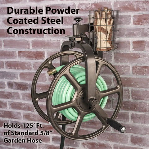 Single Arm Garden Hose Reel With 360 Degree Rotation Holds 125 Feet Of Five Eighths Inch Hose 18 Gauge Steel With Weatherproof Bronze Powder Coat