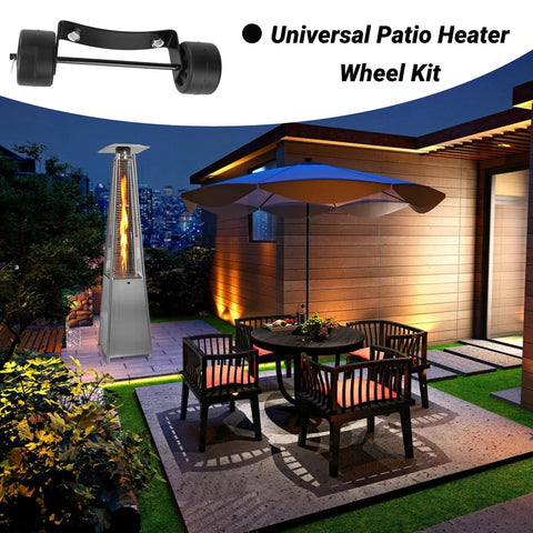 Eyoloty universal patio heater wheel kit with stainless steel bracket; dual wheels, background shows tall gas patio heater.