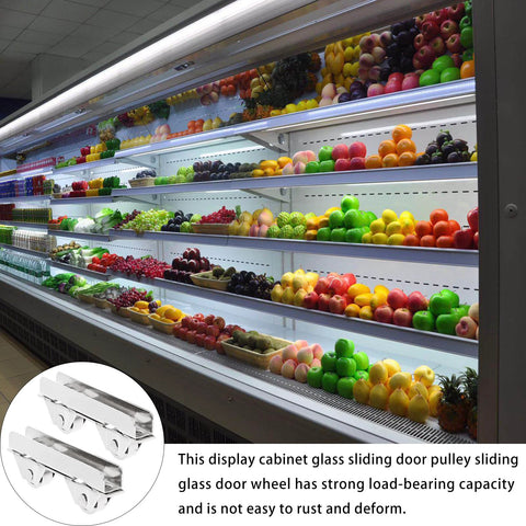Showcase Window Roller Set, 10 Pcs Mini Sliding Door Rollers Replacement Wheels, 7.0mm Stainless Steel Pulley Clamp For 5-6mm Thick Glass Doors displayed with fruit cabinet