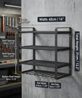 Wall Mount Tool Organizer With 3 Tier Heavy Duty Metal Rack for 4 Drills Plus Screwdriver and Hammer Holder, dimensions shown.