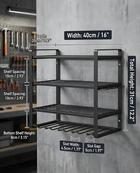 Wall Mount Tool Organizer With 3 Tier Heavy Duty Metal Rack for 4 Drills Plus Screwdriver and Hammer Holder, dimensions shown.