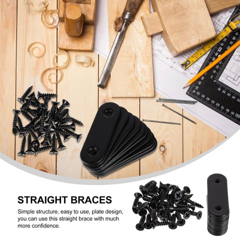 Heavy Duty Black Stainless Steel Brace Brackets For Wood Furniture And PCs displayed with screws and wood tools
