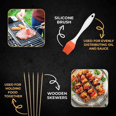 Fish And Veggie Grill Basket Set With Foldable Wooden Handle, Stainless Steel BBQ Grilling Basket For Outdoor Cooking, Great For Shrimp And Vegetables with silicone brush and wooden skewers.