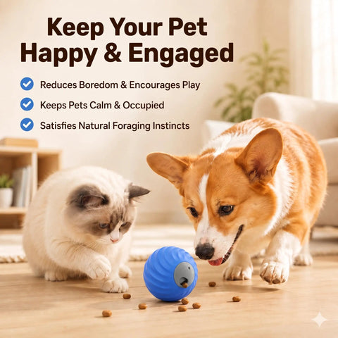 Automatic Rolling Treat Dispenser Ball For Dogs And Cats Interactive Smart Puzzle Feeder on floor with cat and dog.