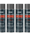 Four cans of Industrial High Solids Aluminum Spray Paint Thick Coat Enamel For Tools And Equipment, 16 oz each, front view.