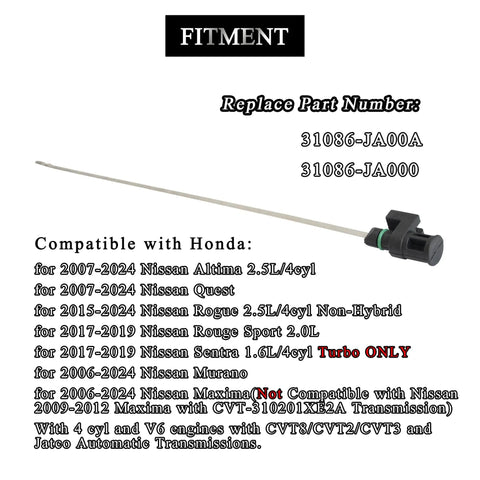 Transmission Dipstick 31086-JA00A Replacement Oil Level Gauge with black handle and measurements for Nissan vehicles compatibility list.